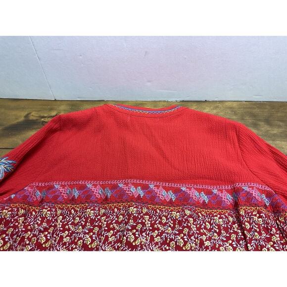 Calessa Womens Sz L Red Floral Embroidery Button Blouse Roll Sleeves Boho Top - Picture 13 of 13